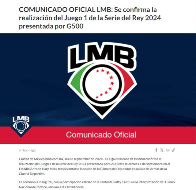 Comunicado de la Liga Mexicana de Béisbol 2024 sobre la reanudación de la Serie del Rey. Foto: LMB 