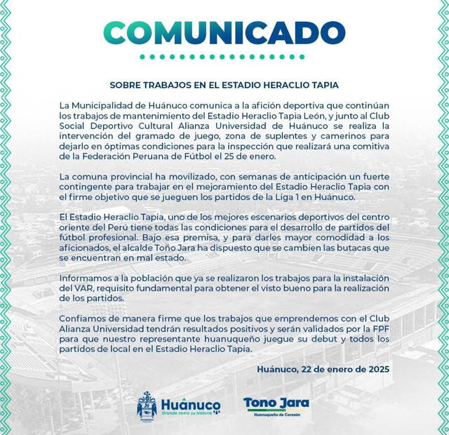  Comunicado de la Municipalidad Provincial de Huánuco. Foto: Municipalidad Provincial de Huánuco   