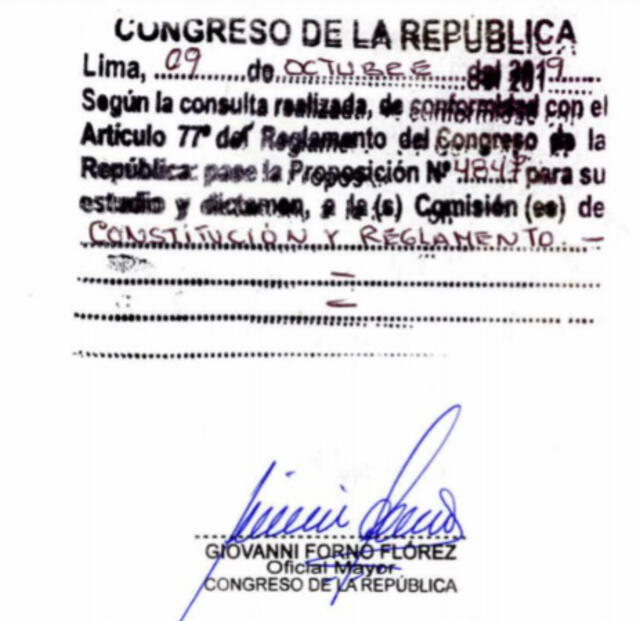 Registro del paso del proyecto a la Comisión de Constitución. Ocurrió el 9 de octubre de 2019.