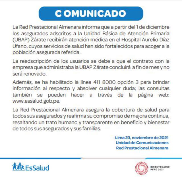 Comunicado de EsSalud.