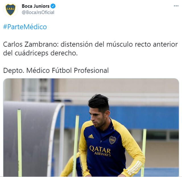 Boca Juniors informa sobre la lesión de Carlos Zambrano. Foto: Twitter