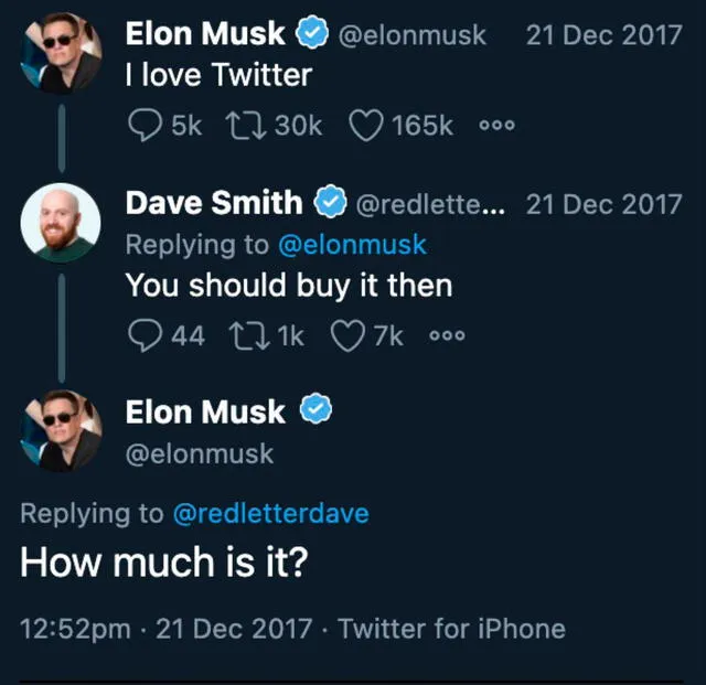 Tuits de Musk sobre potencial interés en Twitter. Foto: Twitter