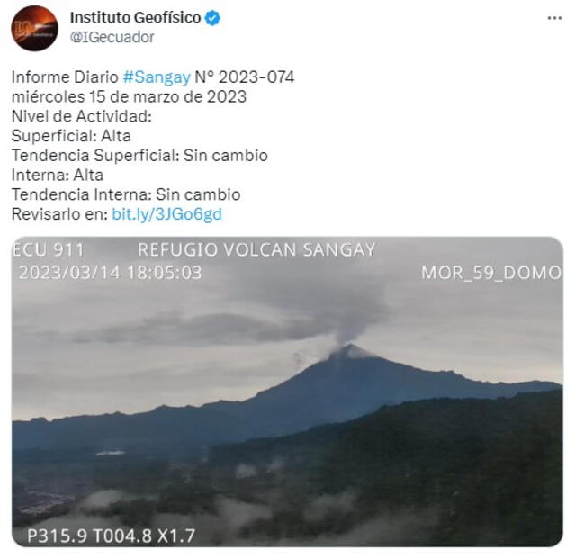    Informe diario del volcán Sangay al 15 de marzo de 2023 en Ecuador. Foto: Twitter/IGecuador   