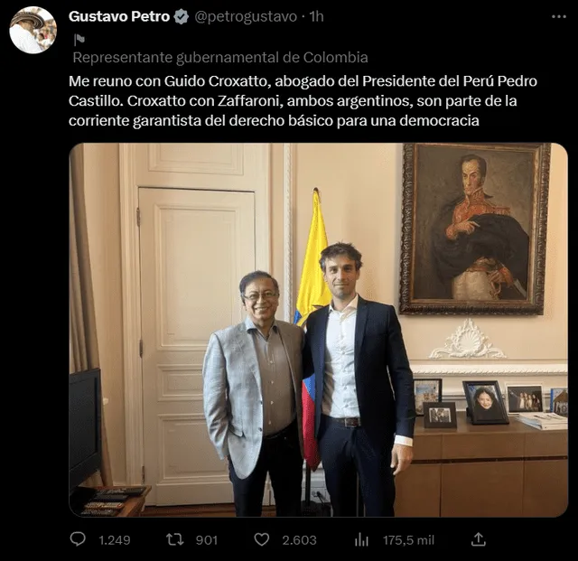  Gustavo Petro sostuvo una reunión con el abogado de Pedro Castillo. Foto: @petrogustavo/Twitter    