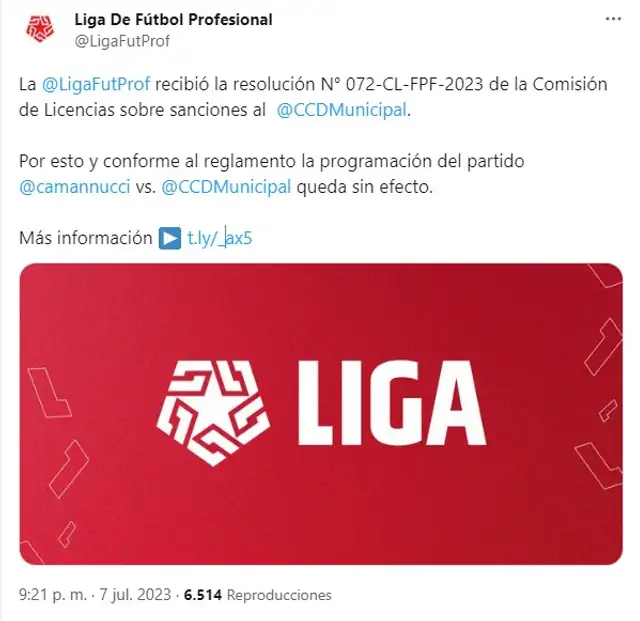  No se jugará el Municipal vs. Mannucci. Foto: Twitter. 