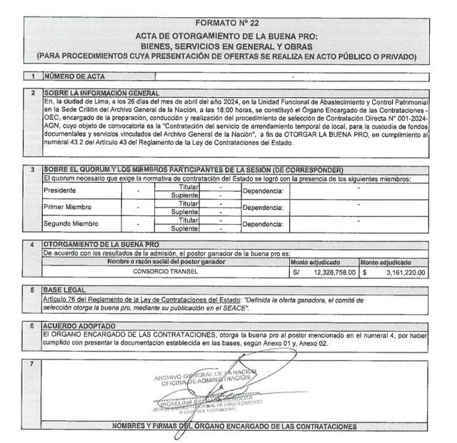 Acta de buena pro del contrato con el consorcio Transel.   