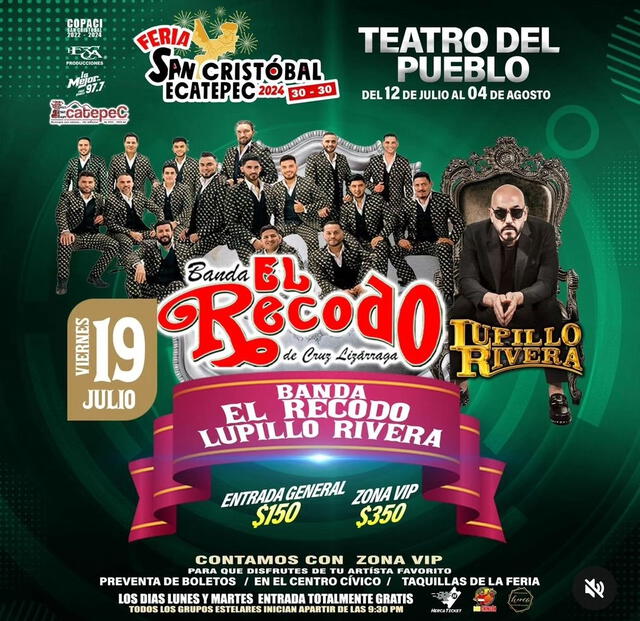 La Banda El Recodo, Arrolladora, Matute son algunos de los que se presentarán en el Teatro del Pueblo. Foto: Instagram feriaecatepec   