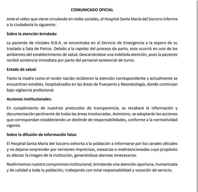 Comunicado del Hospital Santa María del Socorro de Ica. Foto: Difusión Comunicado del Hospital Santa María del Socorro de Ica. Foto: Difusión