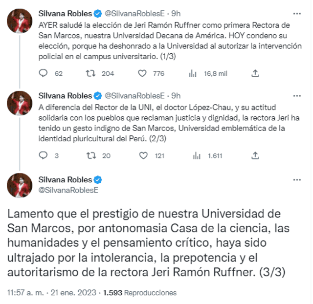 Pronunciamiento de la Legisladora se dio despues de intrusión de la PNP en San Marcos. Foto: captura Twitter.