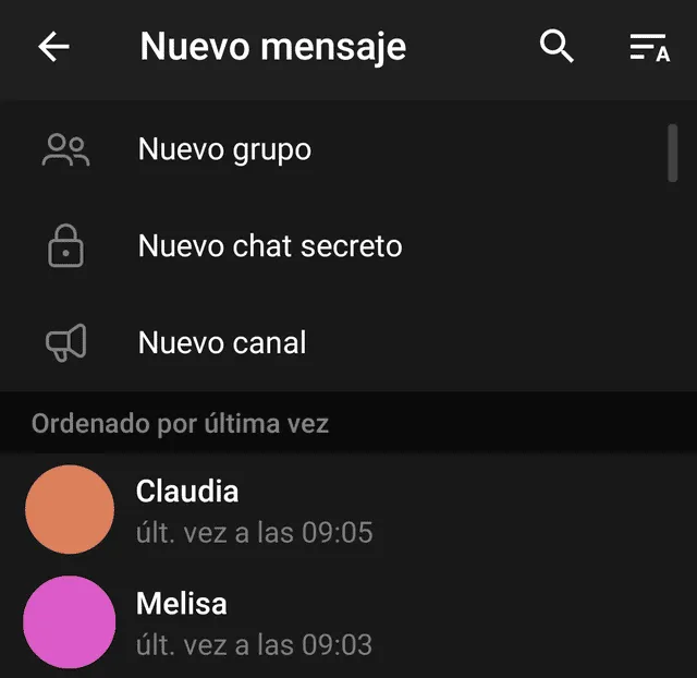 Apartado de Telegram para crear nuevos chats y canales. Foto: La República Apartado de Telegram para crear nuevos chats y canales. Foto: La República