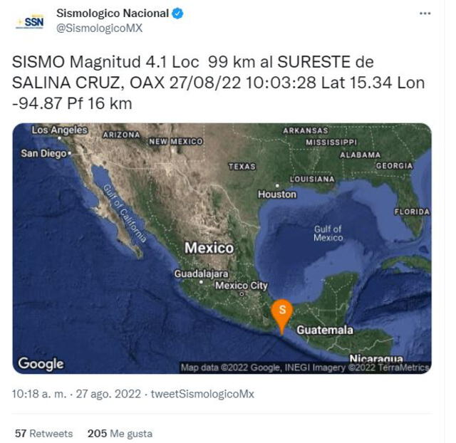 El temblor reportado por el Sismológico Nacional de México. Foto: captura Twitter