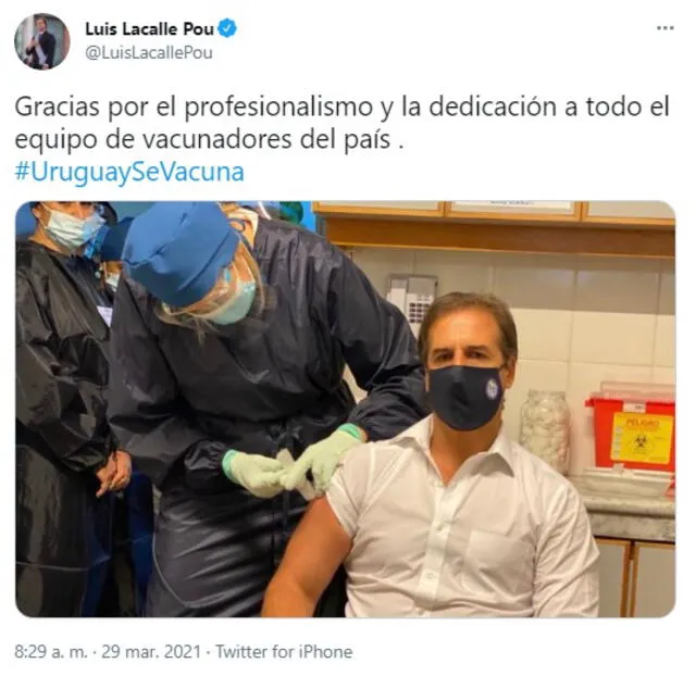 El mandatario de Uruguay recibió este lunes 29 de marzo la primera dosis de la vacuna contra el coronavirus. Foto: captura de Twitter
