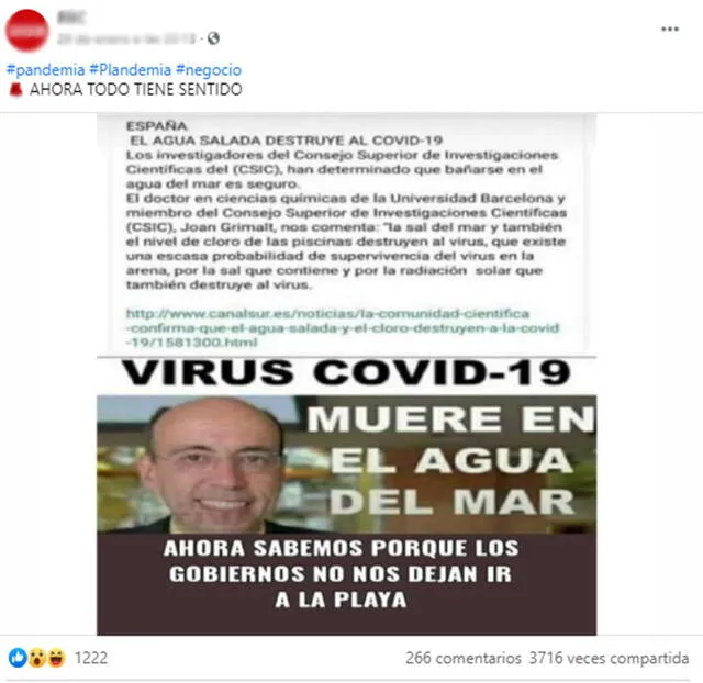 Viral dice que el coronavirus “muere en el agua de mar” y que, por ello, “no nos dejan ir a la playa”. Foto:  captura en Facebook.
