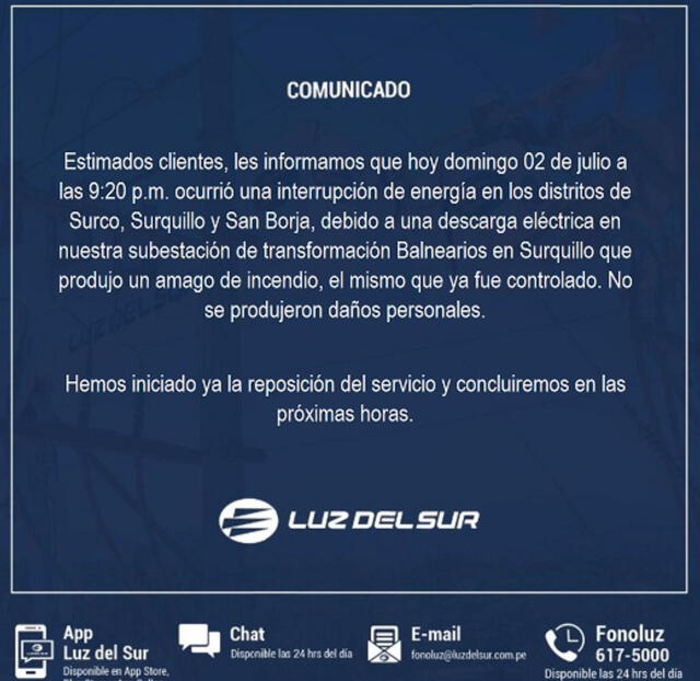  <br>Comunicado de Luz del Sur con respecto al apagón en varios distritos de Lima. Foto: Luz del Sur   