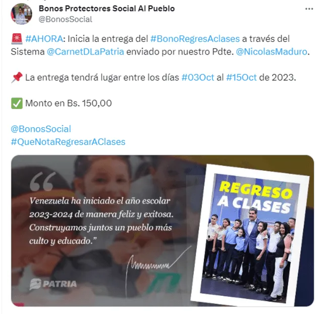 El pago llegó dedicado al retorno a clases en Venezuela. Foto: Bonos Social/X