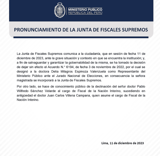 Así el Ministerio Público informó de la reincorporación de Delia Espinoza en la Junta de Fiscales Supremos. Foto: Ministerio Público   