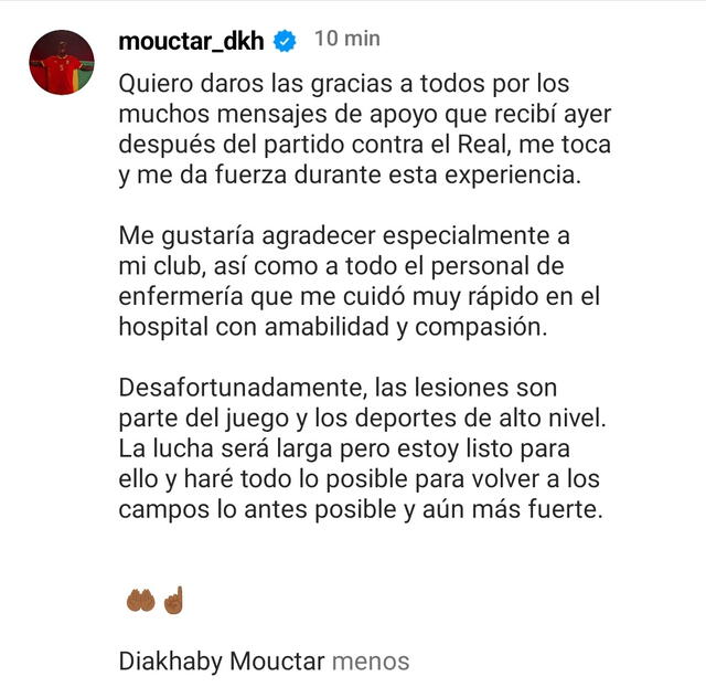Mensaje de Mouctar Diakhaby tras la lesión en el Valencia vs. Real Madrid. Foto: Intagram/Mouctar Diakhaby.   