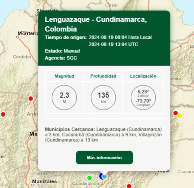 Último temblor hoy en Colombia. Foto: SGC   