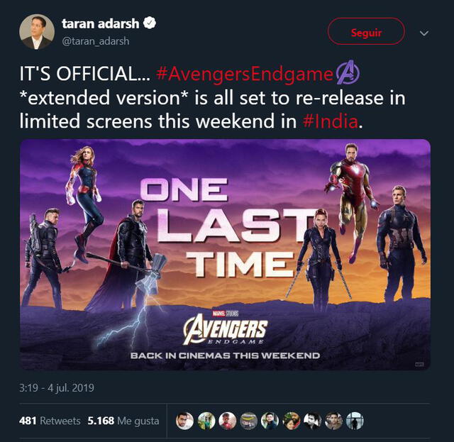 Avengers: Endgame llega a India para así poder superar a Avatar - Fuente: Twitter