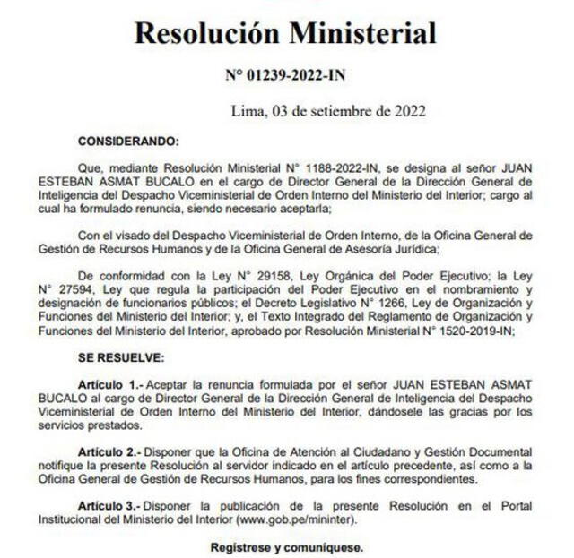 Resolución ministerial que oficializa la renuncia del jefe de la Digimin. Foto: captura Ministerio del Interior.