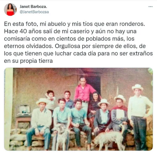 Janet Barboza compartió una fotografía familiar, en la que se muestra orgullosa de su abuelo y tíos ronderos. Foto: Janet Barboza / Twitter