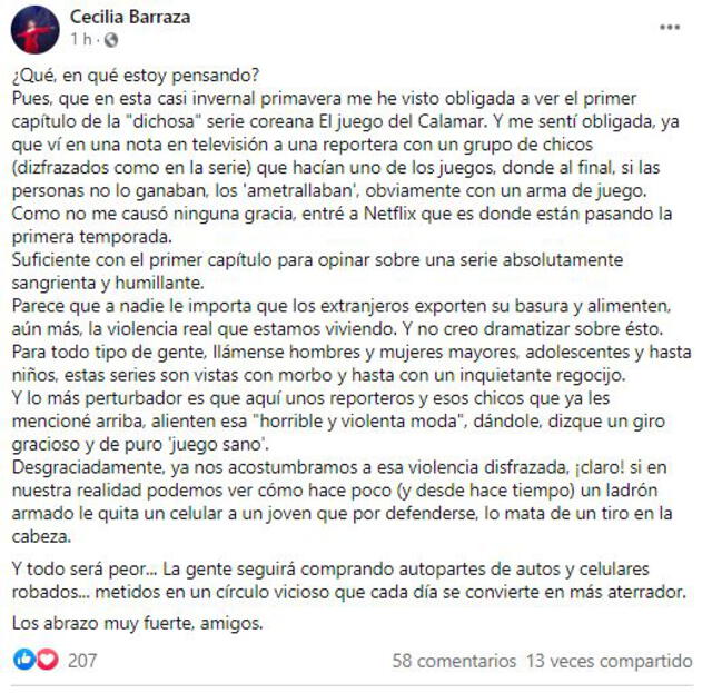 Cecilia Barraza arremete contra El juego del calamar. Foto: Facebook