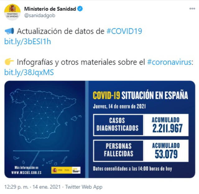El último boletín en España sobre la COVID-19. Foto: captura de Twitter