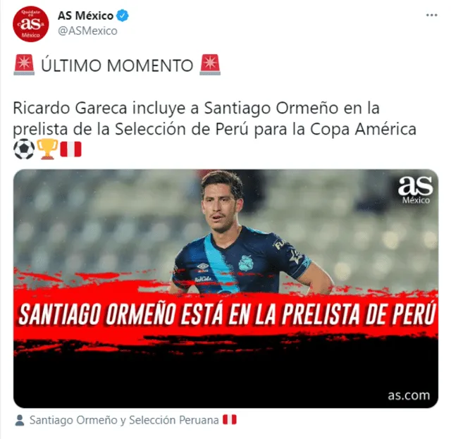 AS México informó sobre la convocatoria de Santiago Ormeño a la selección peruana.