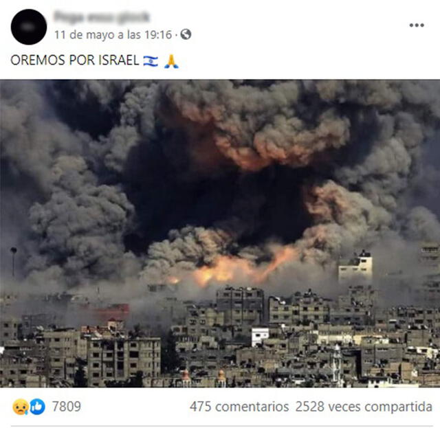 Viral anuncia que foto expone bombardeo en Israel en 2021. Foto: captura en Facebook.