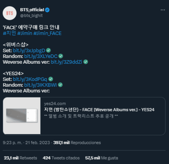  Publicación de la cuenta de BTS administrada por Bit Hit sobre la preorden de "FACE", el álbum de Jimin. Foto: captura Twitter 