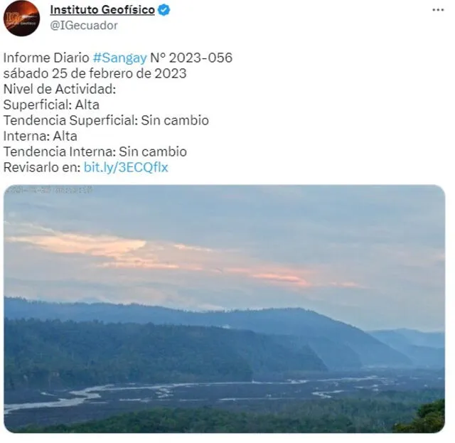  Último informe de actividad del volcán Sangay. Foto: IGecuador/ Twitter   