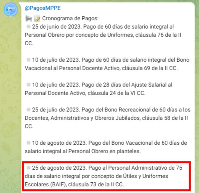 Es posible que el 25 de agosto se anuncie el pago de la segunda quincena. Foto: Pagos MPPE/Telegram