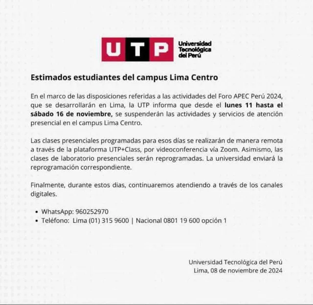 Universidad Tecnológica del Perú toma medidas para la semana del APEC. Foto: UTP   