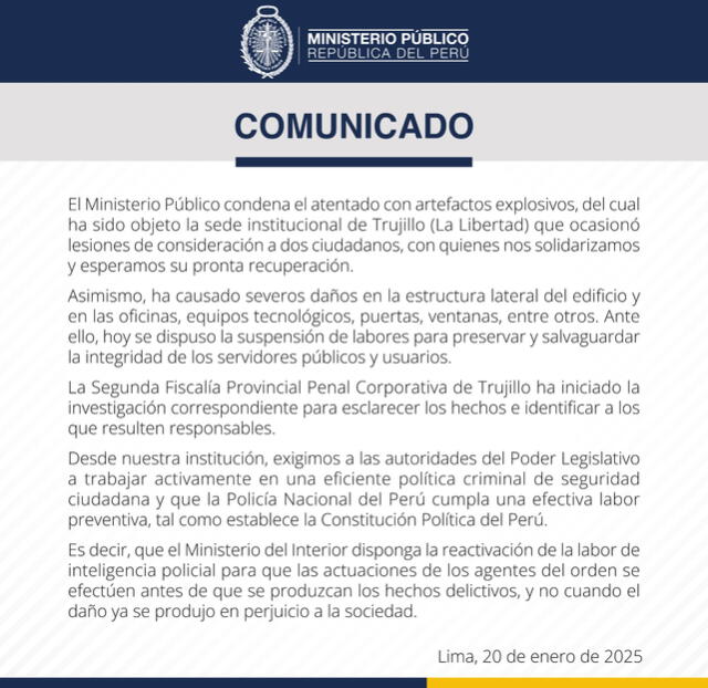  Comunicado del Ministerio Público tras atentado contra Fiscalía en Trujillo. 