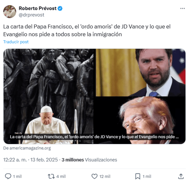  Robert Prevost en su cuenta X publicaba mensajes en defensa de los inmigrantes. Foto: X (@drprevost).   