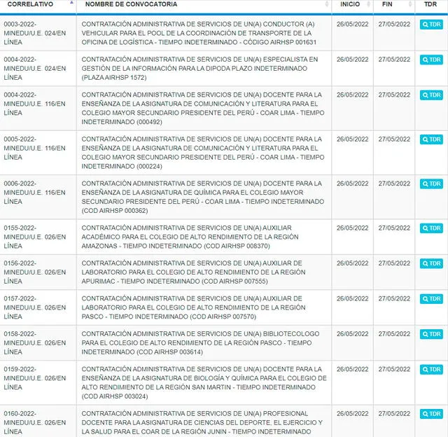 Lista de empleos disponibles. Foto: captura portal del Minedu