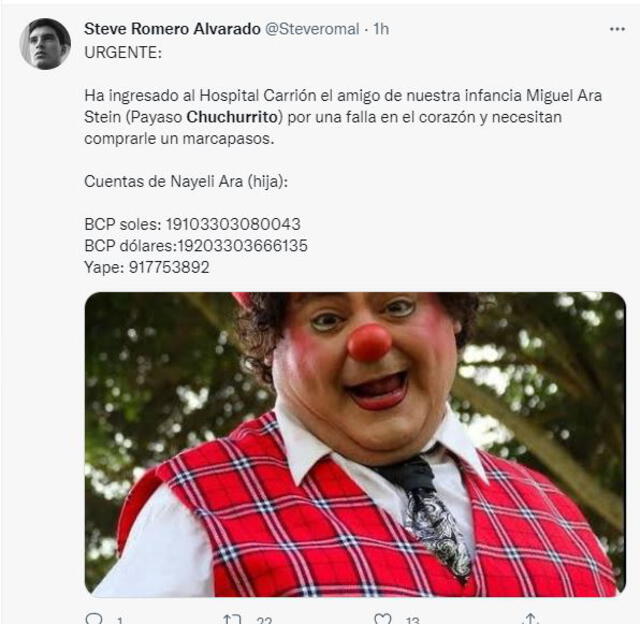 Payaso Chuchurrito fue ingresado de emergencia a Hospital Carrión. Foto: captura/Twitter