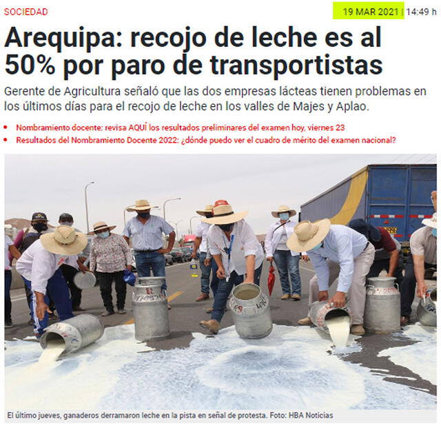 Imagen del derrame de leche. Foto: captura en web LR / HBA Noticias.