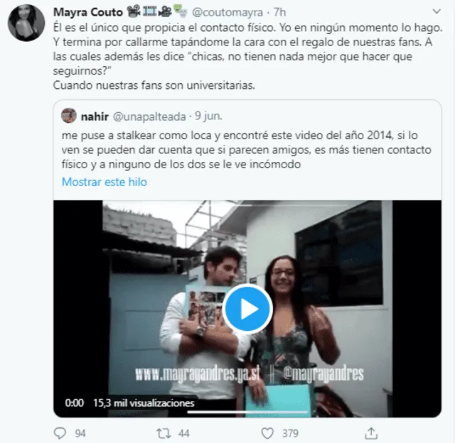 Mayra Couto señaló que Andrés Wiese fue quién buscó contacto físico en todo momento. Foto: Captura Twitter.