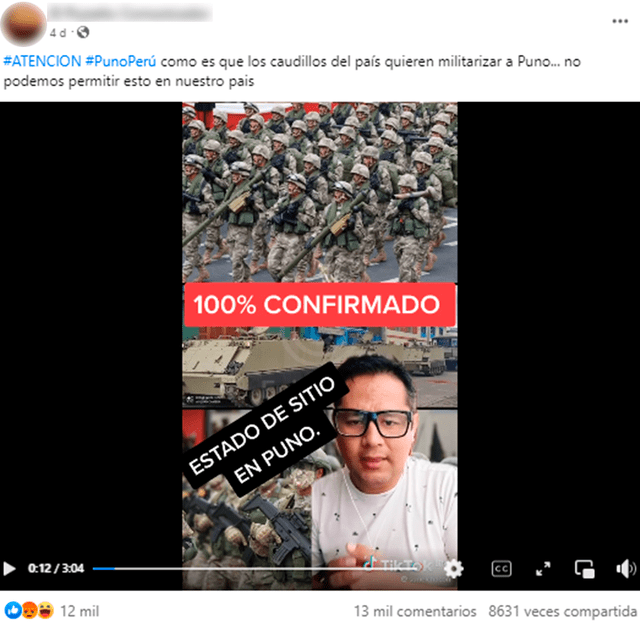  En el video se afirma falsamente que la Marina de Guerra comprobó que los ponchos rojos metieron “18 cajas de balas dum-dum por la frontera con Puno”. Foto: captura en Facebook.   