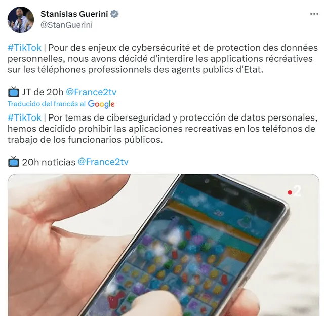  Así informó en su Twitter el ministro Stanislas Guarini la prohibición del TikTok en teléfonos de funcionarios por razones de ciberseguridad. Foto: Twitter    