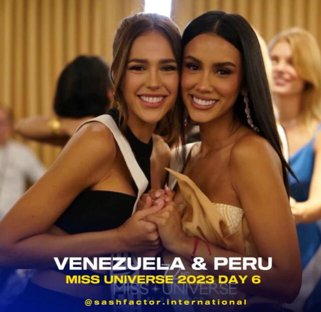  Miss Venezuela y Miss Perú juntas en una fotografía en el Miss Universo 2023. Foto: Sash Factor International<br><br>   