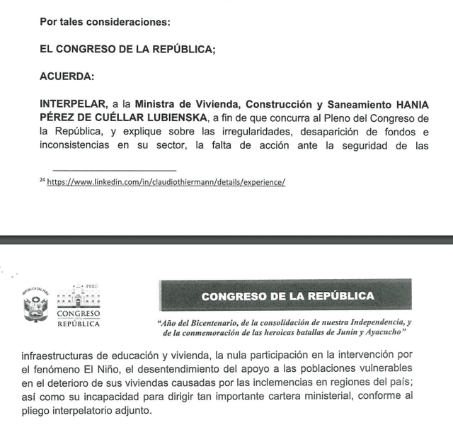  Pérez de Cuéllar se suma a la lista ministros de Boluarte requeridos por el Congreso para rendir explicaciones. Foto: Congreso   