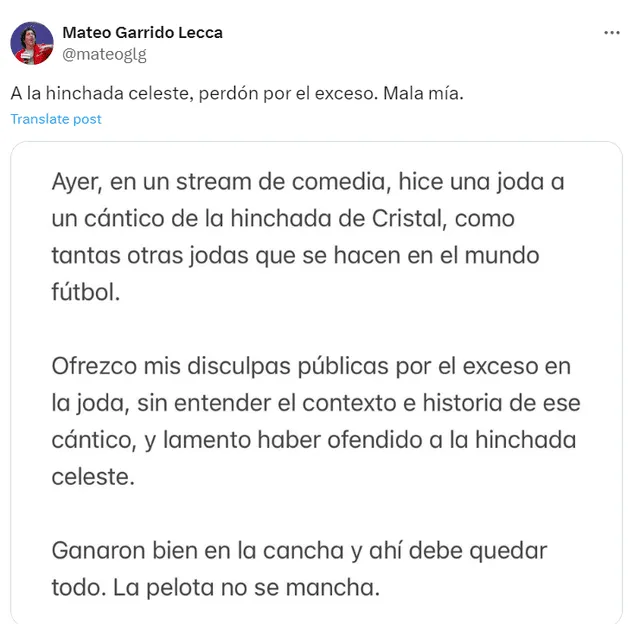 El mensaje de Mateo Garrido Lecca a la hinchada de Sporting Cristal. Foto: X   