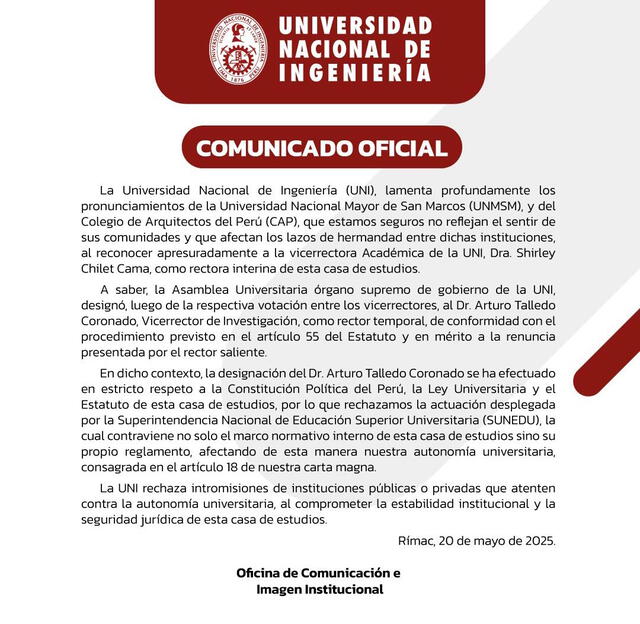 Comunicado oficial de la UNI. Comunicado oficial de la UNI.