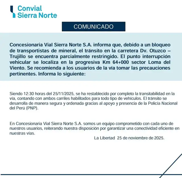 Comunicado de la concesionaria. Foto: Concesionaria Vial de la Sierra Comunicado de la concesionaria. Foto: Concesionaria Vial de la Sierra
