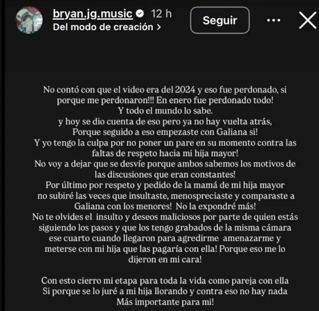 Comunicado de Bryan Torres tras la participación de Samahara Lobatón en 'Esta noche'. Foto: Instagram.   