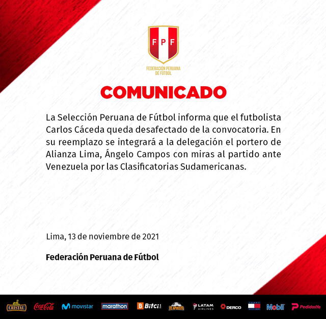 Comunicado de la desconvocatoria de Cáceda y el llamado a Campos. Foto: Selección peruana/Twitter