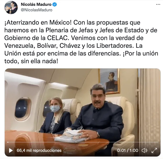 En horas de la noche, Nicolás Maduro llegó a México. Foto: captura twitter.