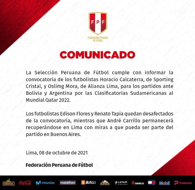 Comunicado de la FPF. Foto: Selección peruana